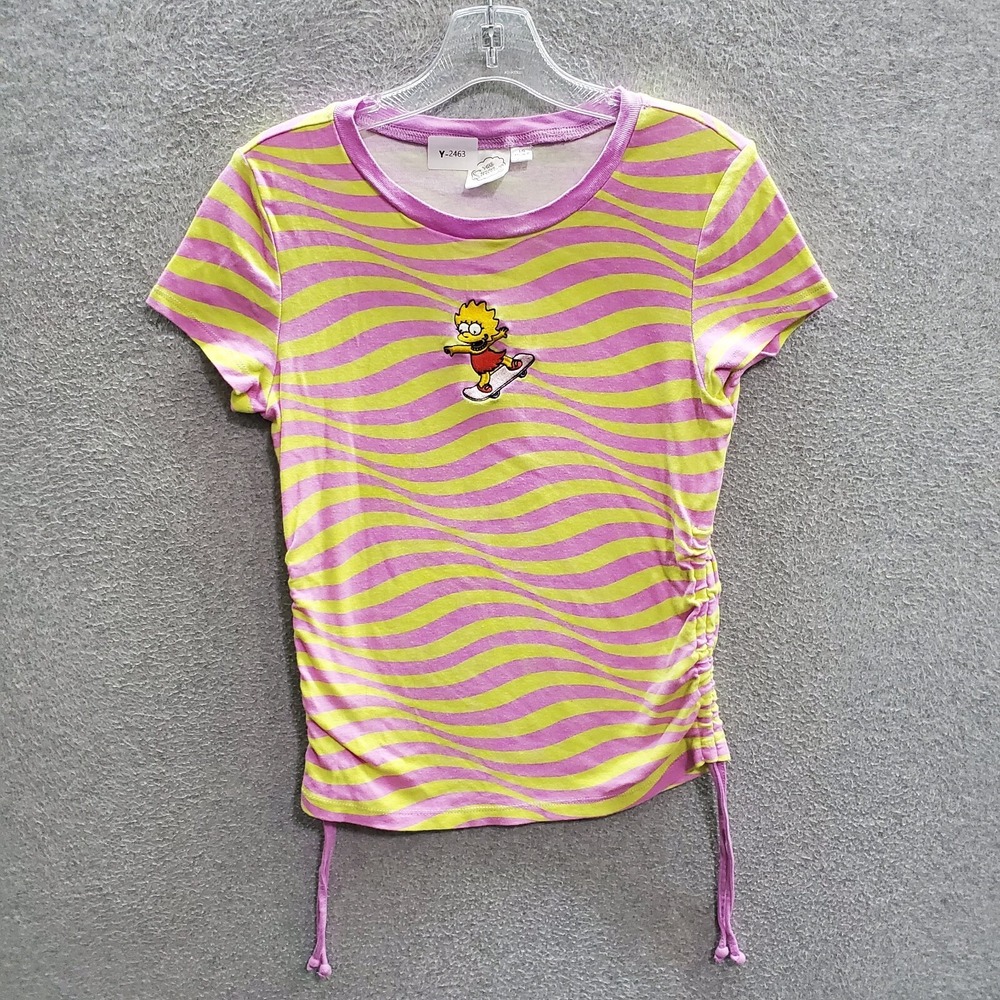 The Simpsons Women Shirt Large Pink Yellow Striped Embroidered Lisa Skate READ
